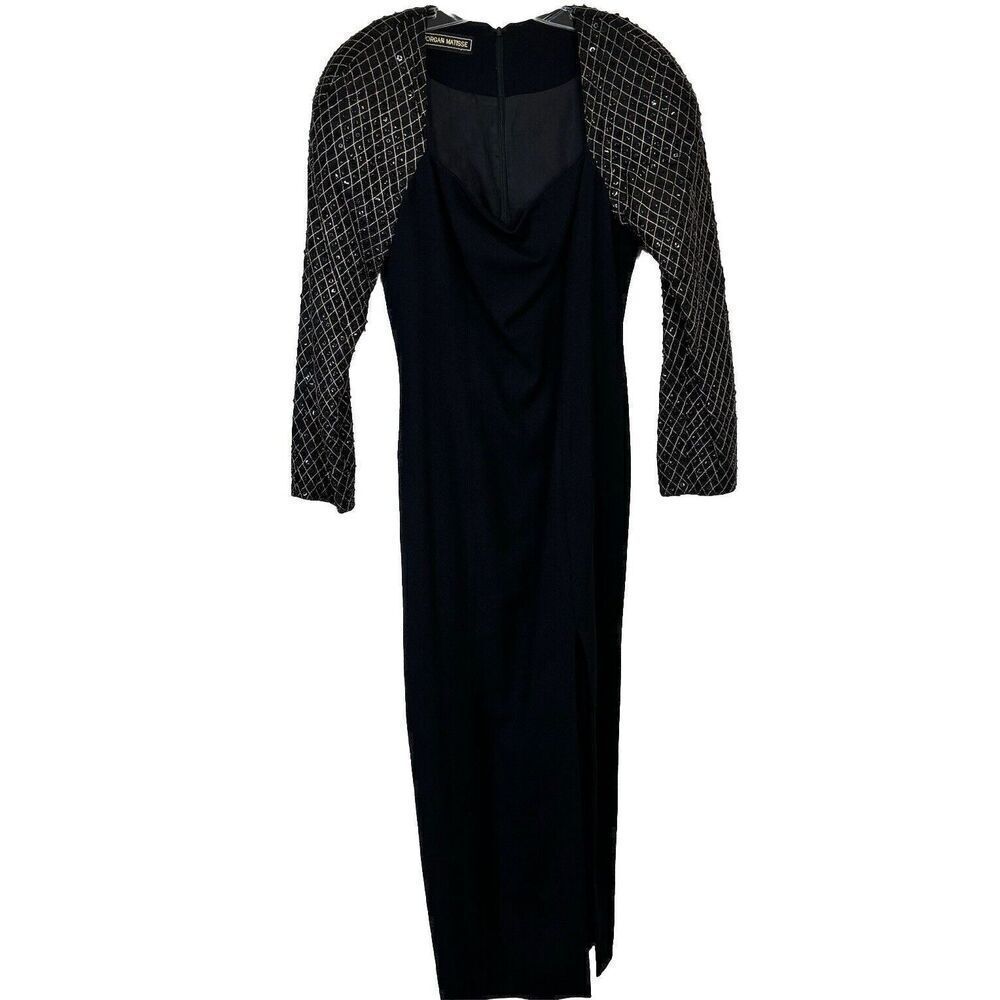 Vtg Morgan Matisse Black Long Cocktail Dress Long Sleeve Bling‎ Side Slit Size 8